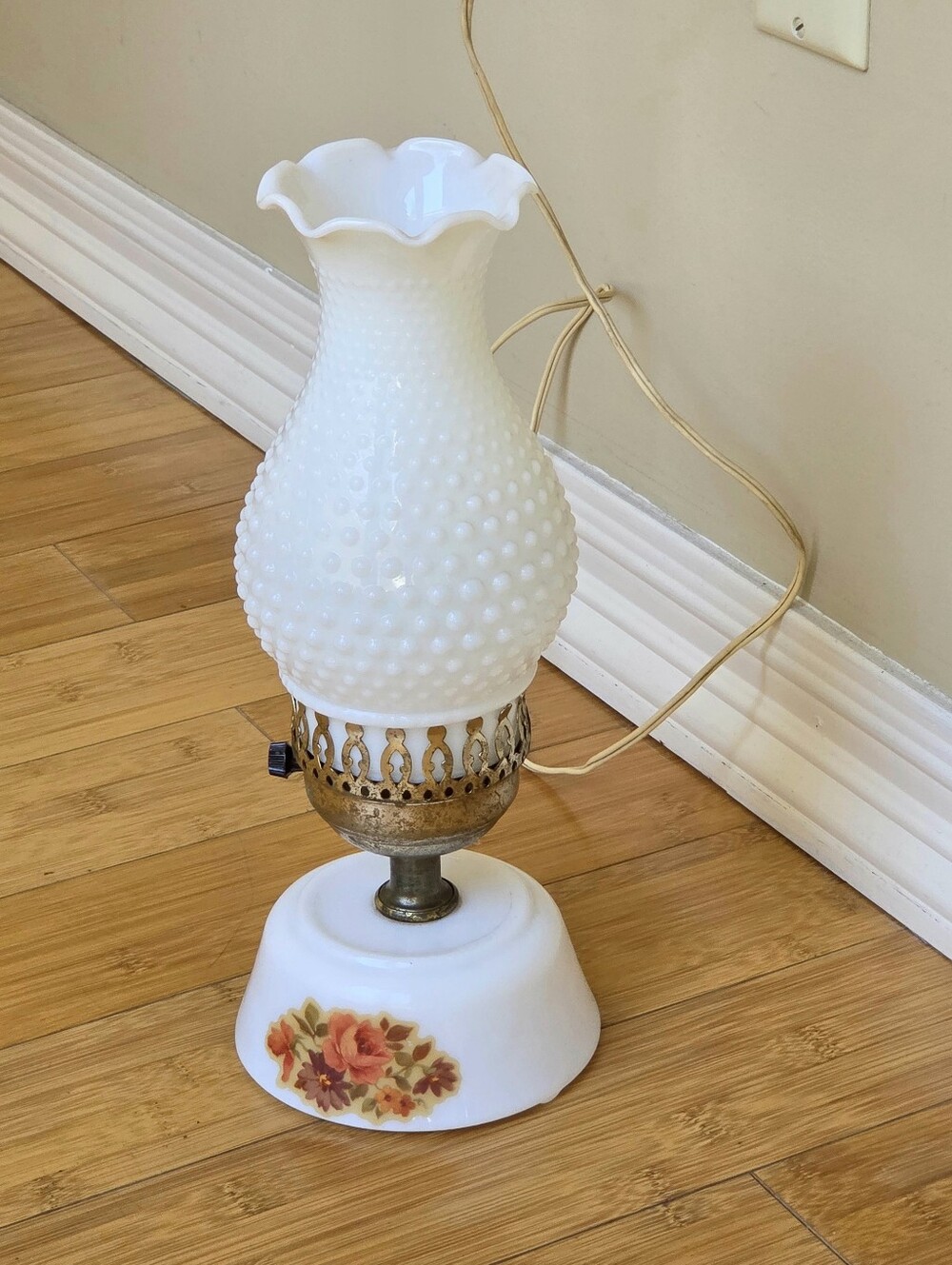 Vintage Hobnail Milk Glass Table Lamp with Floral Base Cottagecore Boudoir Lamp